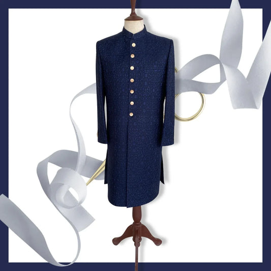 Royal blue self-embroidered sherwani with flaxen gold buttons. From our Montazeri collection. Best sherwani for dulha & groom—bold, classic, and regal.