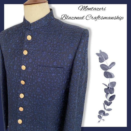 Royal blue self-embroidered sherwani with flaxen gold buttons. From our Montazeri collection. Best sherwani for dulha & groom—bold, classic, and regal.
