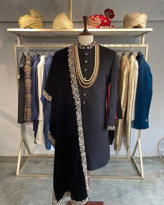 Wool blend sherwani with Kora embroidery, velvet shawl, and Jamawar qulla. The best sherwani for groom and dulha—perfect for a regal winter wedding look.