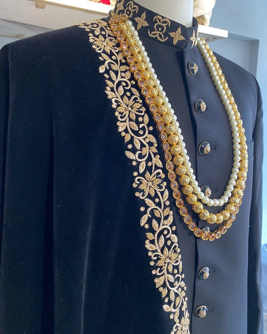Wool blend sherwani with Kora embroidery, velvet shawl, and Jamawar qulla. The best sherwani for groom and dulha—perfect for a regal winter wedding look.