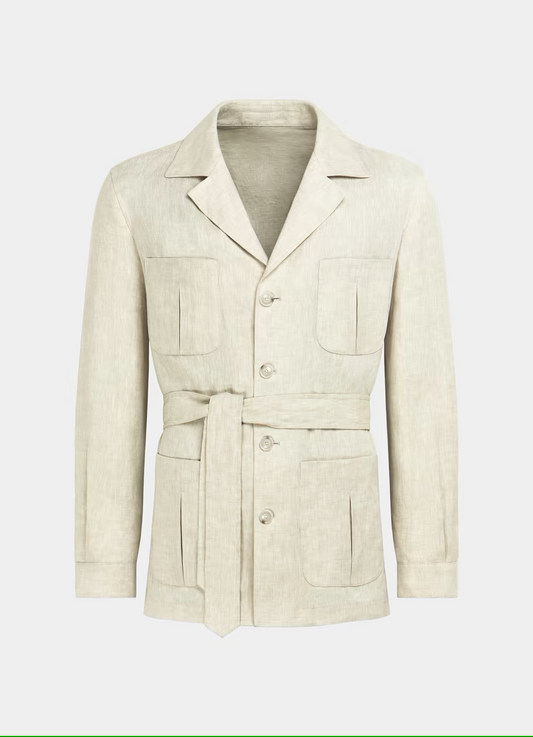 A beige linen safari jacket with belt and multiple pockets.