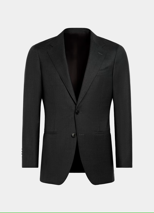 A charcoal grey single-breasted suit with widened notch lapels, displayed on a plain background.