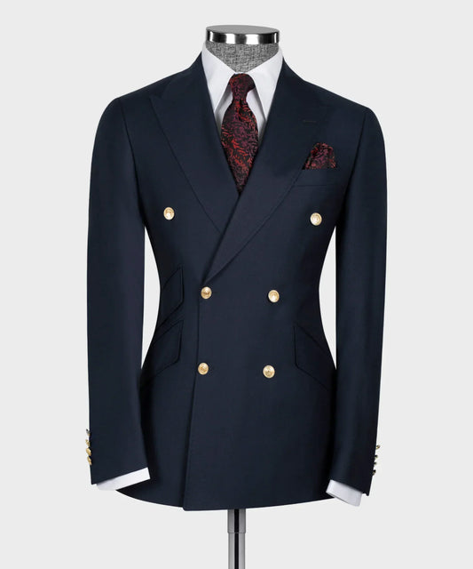 Navy double-breasted suit jacket with gold buttons on a mannequin against a white background