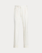 A pair of off white linen trousers with side adjusters, half-front lined, and double pleated for a polished finish.