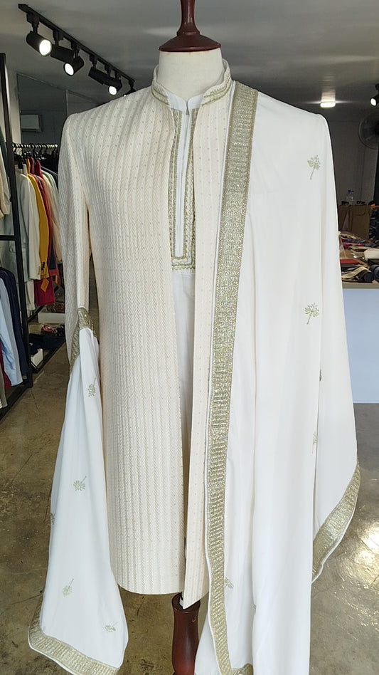 off white sherwani with sequins studded