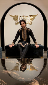 Black Linen Kurta With Gold Embroidered — made to measure, Bespoke By Omar Najam