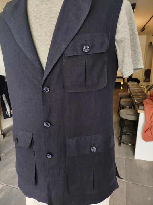 Navy Blue Linen Utility Vest