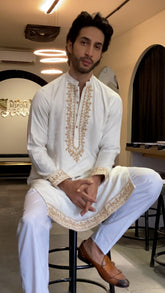Off White Linen Kurta With Beige Embroidered — made to measure, Bespoke By Omar Najam
