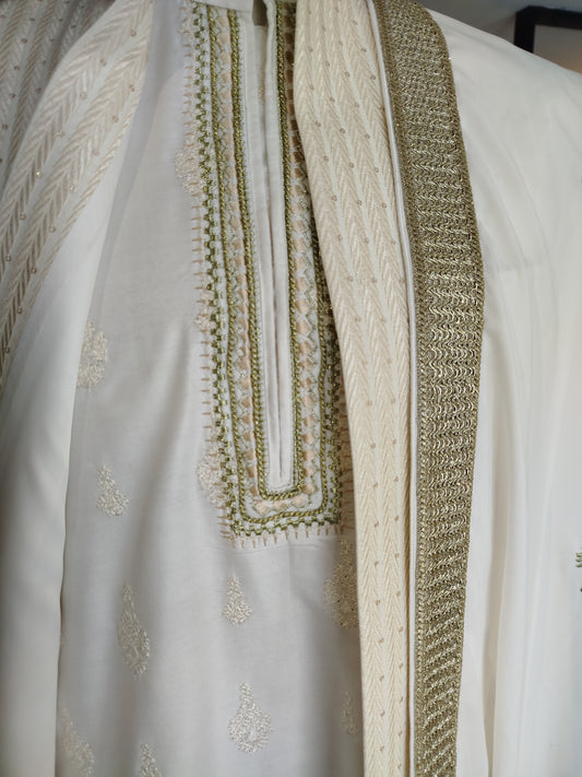 off white self embroidered sherwani with sequins studded