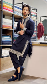 Royal Blue Linen Kurta With Silver Embroidered — made to measure, Bespoke By Omar Najam