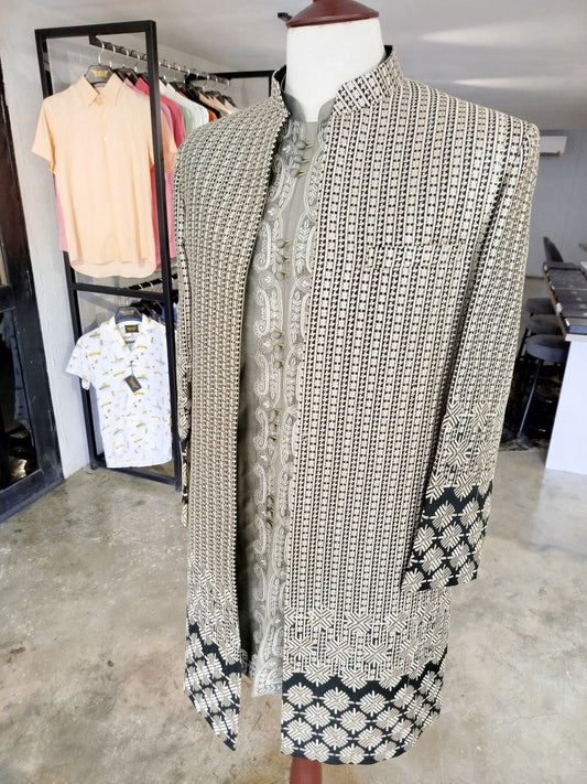 Bottle green front-open sherwani with gold handwork, paired with sage green embroidered kurta. Best sherwani for dulha and groom—perfect for any grand occasion.