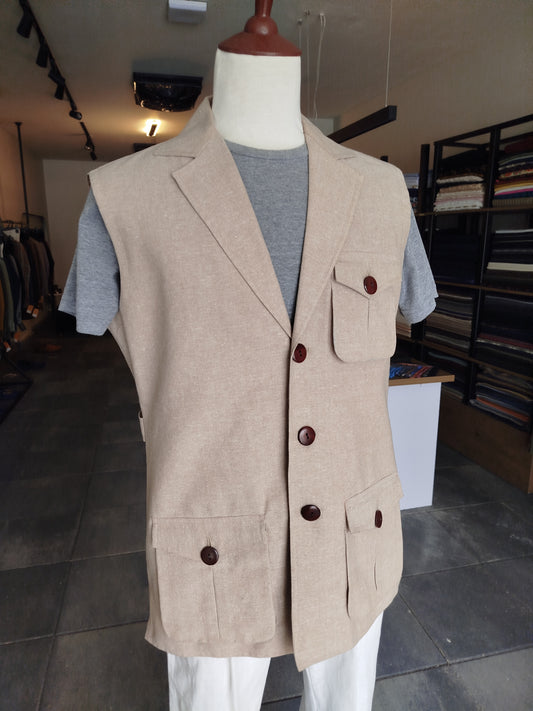 Khaki Beige Linen Utility Vest