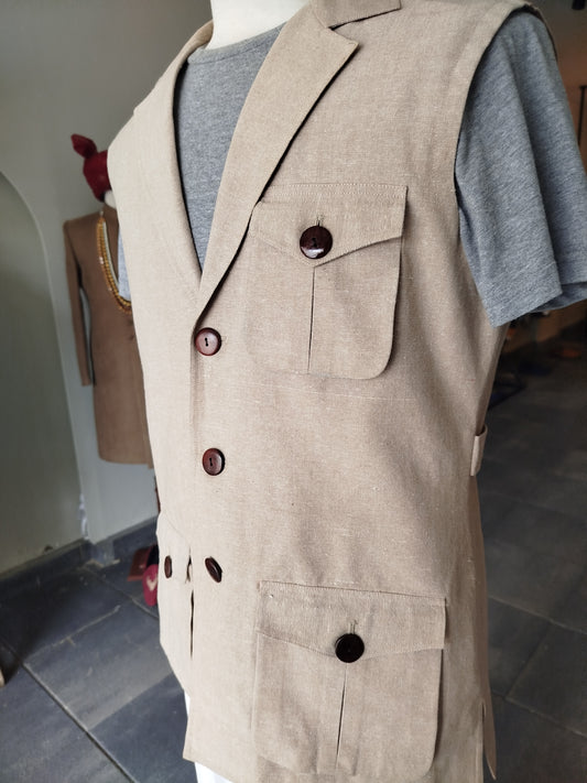Khaki Beige Linen Utility Vest