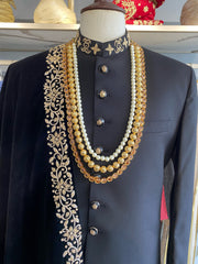 Sultan- Wool blend Sherwani with light Kora hand embroidery on collar and sleeves