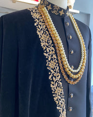 Sultan- Wool blend Sherwani with light Kora hand embroidery on collar and sleeves