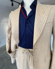 Khaki with Royal Blue Pinstripe Linen