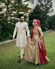 Self-embroidered Sherwani in Crystal Pink Base