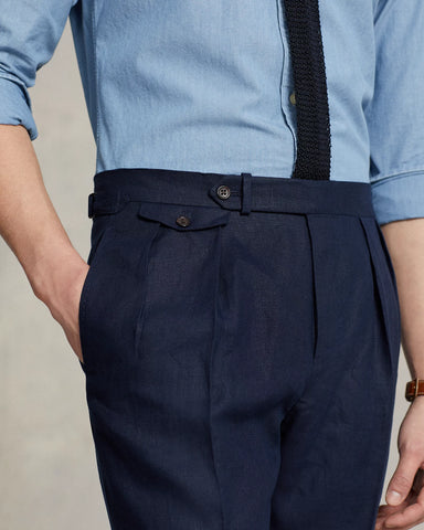 Navy Blue Linen Side Adjusters Straight Fit