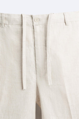 Beige Drawstring Linen Straight Fit