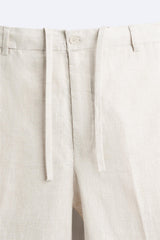 Beige Drawstring Linen Straight Fit