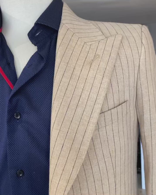 Khaki with Royal Blue Pinstripe Linen