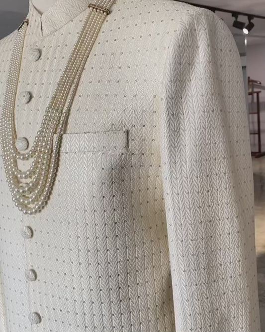 Sequence studded Sherwani in pearl white