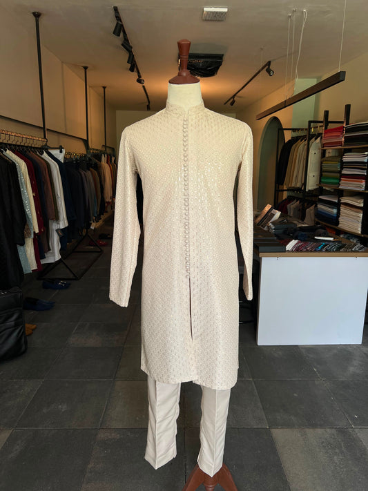 Beige Self Embroidered Sequin Kurta Trousers