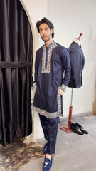 Royal Blue Linen Kurta with Silver Embroidered