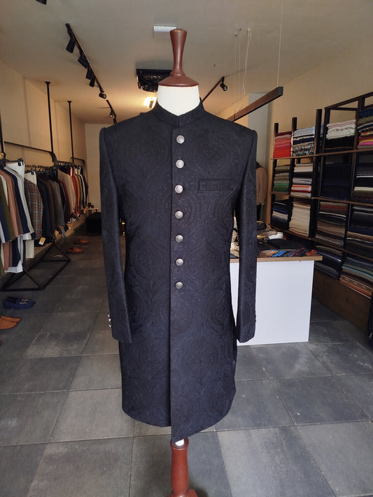 Black Self Embroidered Sherwani