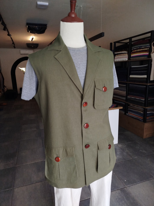 Olive Green Linen Utility Vest 