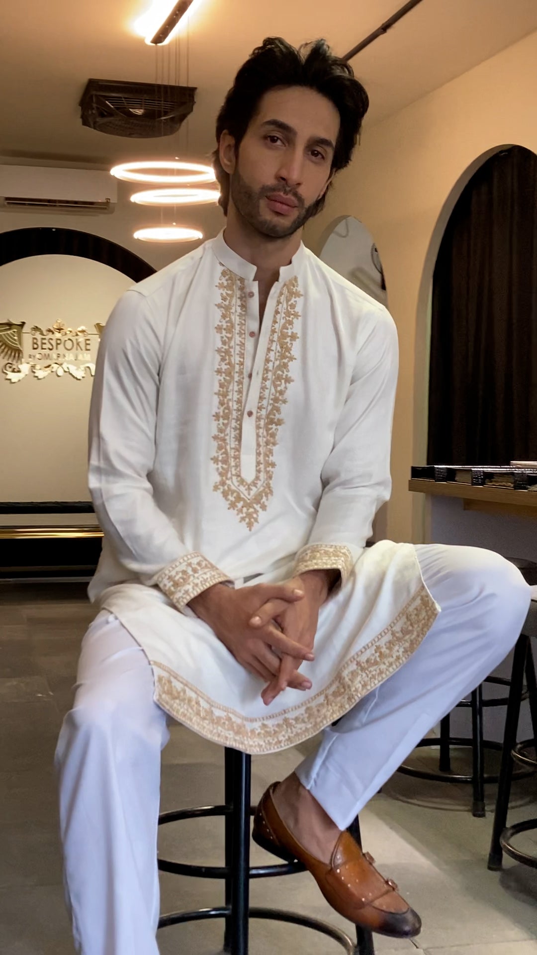 Off White Linen Kurta with Beige Embroidered