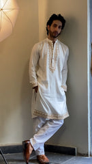 Off White Linen Kurta with Beige Embroidered