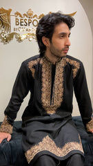 Black Linen Kurta with Gold Embroidered