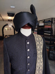 Black Self Embroidered Sherwani