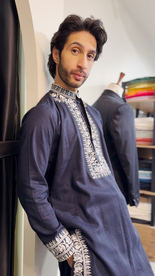 Royal Blue Linen Kurta with Silver Embroidered