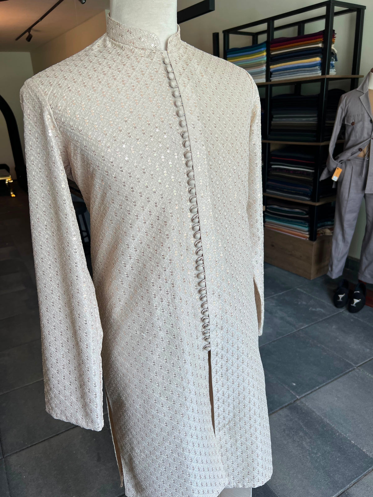 Beige Self Embroidered Sequin Kurta Trousers