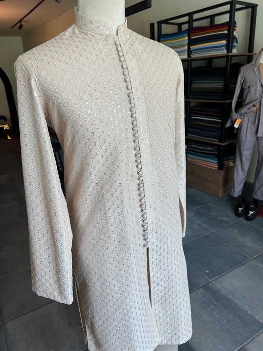 Beige Self Embroidered Sequin Kurta Trousers