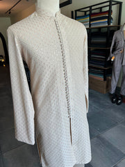 Beige Self Embroidered Sequin Kurta Trousers