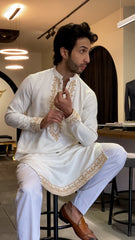 Off White Linen Kurta with Beige Embroidered