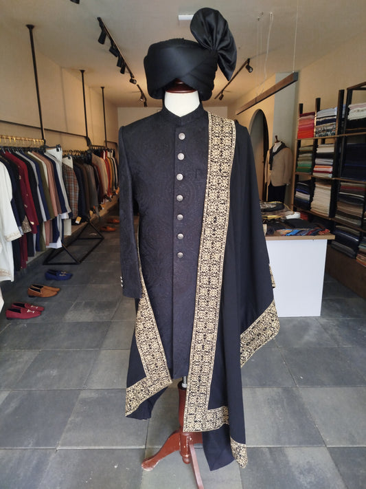 Black Self Embroidered Sherwani