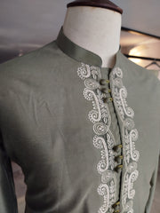 Bottle Green Self Embroidered Sherwani