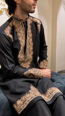 Black Linen Kurta with Gold Embroidered