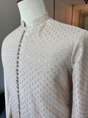 Beige Self Embroidered Sequin Kurta Trousers