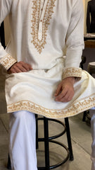 Off White Linen Kurta with Beige Embroidered