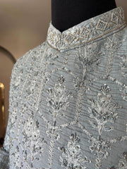 Self Embroidered Ice Blue Sherwani with hand work