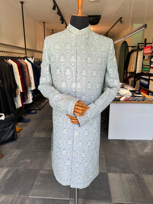 Self Embroidered Ice Blue Sherwani with hand work