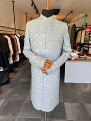 Self Embroidered Ice Blue Sherwani with hand work