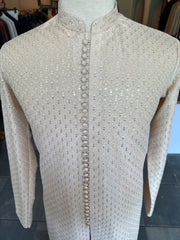 Beige Self Embroidered Sequin Kurta Trousers