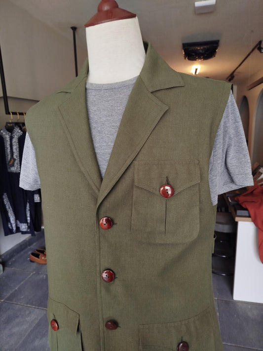 Olive Green Linen Utility Vest 