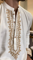 Off White Linen Kurta with Beige Embroidered